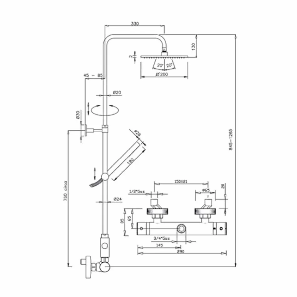 Brusersøjle i forkromet messing med firkantet brusehoved Made in Italy - Studio Viadurini