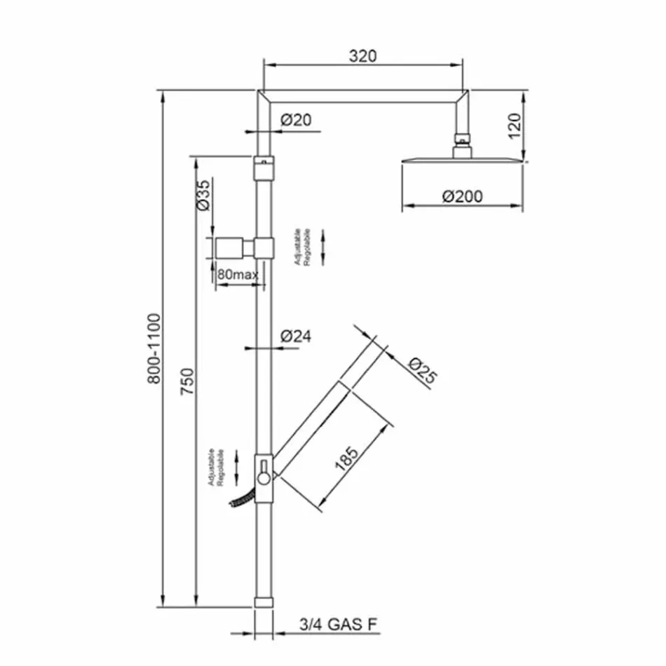 Brusesøjle i forkromet messing med ultralim brusehoved Fremstillet i Italien - Primo Viadurini