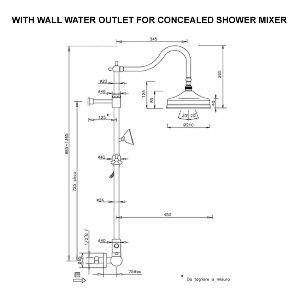 Messing Brusekolonne Uden Mixer Klassisk Design Fremstillet i Italien - Yunda Viadurini
