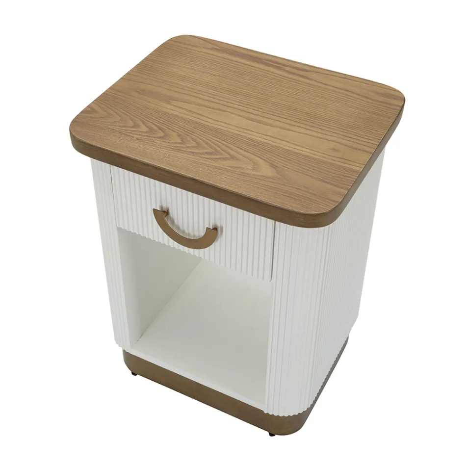 Natbord af træ dekoreret med relieflinjer med skuffe og hylde - Rachel Viadurini