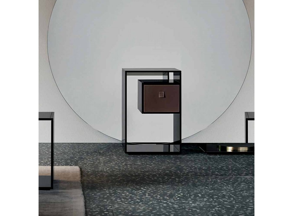 Sengebord i røget glas med læderskuffe 2 Dimensioner - Linzy Viadurini