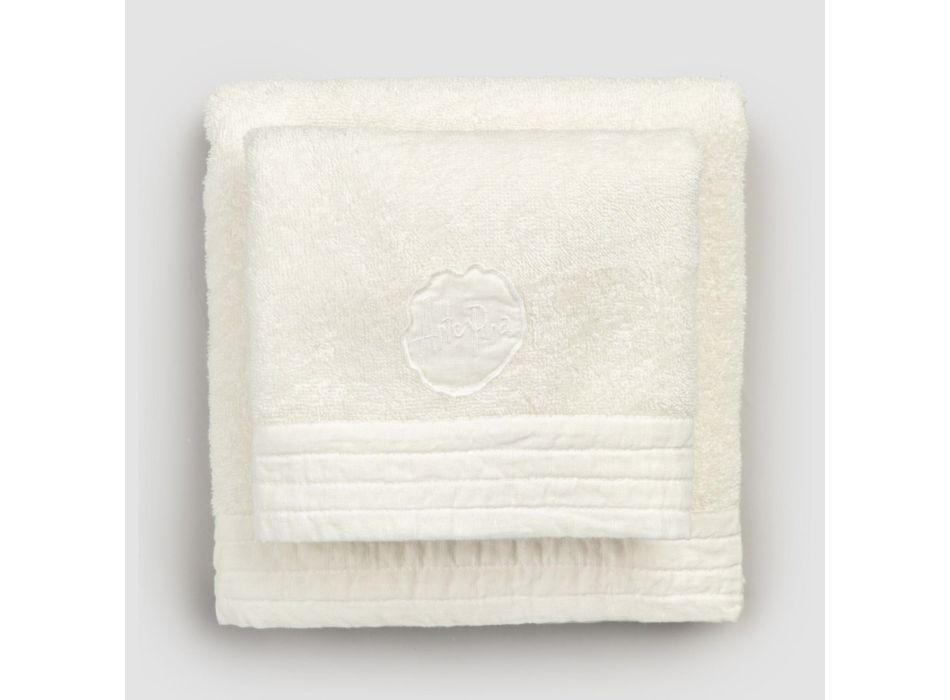 Komplet sæt ansigtshåndklæde og gæstehåndklæde i frotté- og hørblanding - Kilim Viadurini
