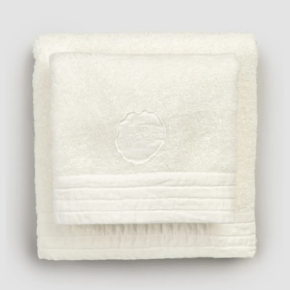 Komplet sæt ansigtshåndklæde og gæstehåndklæde i frotté- og hørblanding - Kilim Viadurini