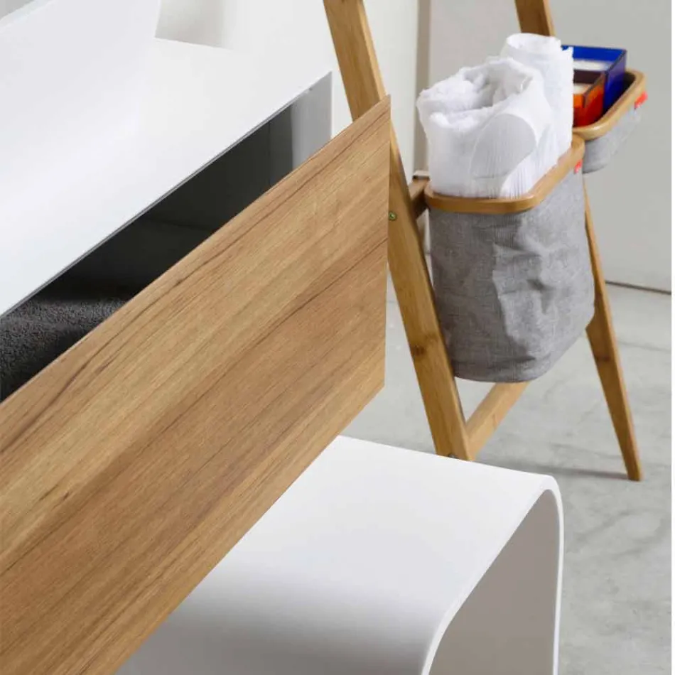 Sammensætning 3 Badeværelsesmøbler i teaktræ og Hi Macs® - talkum Viadurini