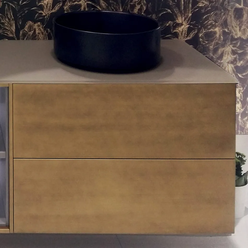 Sammensætning 5 Suspenderede badeværelsesmøbler i træ og krystal Lavet i Italien - Renga Viadurini