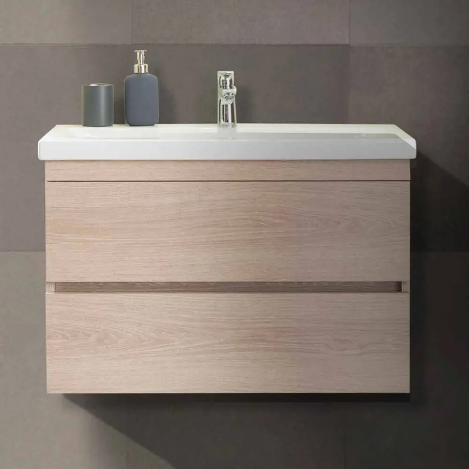 Suspenderet badeværelse møbelsammensætning i Oak Melamine - Becky Viadurini