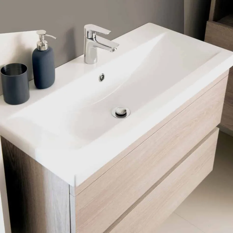 Suspenderet badeværelse møbelsammensætning i Oak Melamine - Becky Viadurini