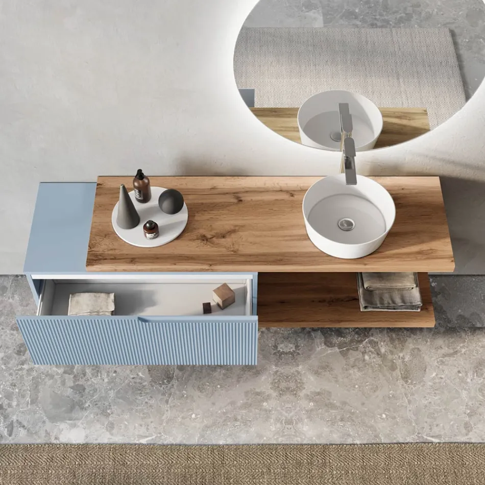 Tiffany blå og eg badeværelsessammensætning med spejl lavet i Italien - Ermes Viadurini