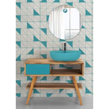 Blå badeværelsessammensætning med teakgulvsskab og tilbehør - Sylviane