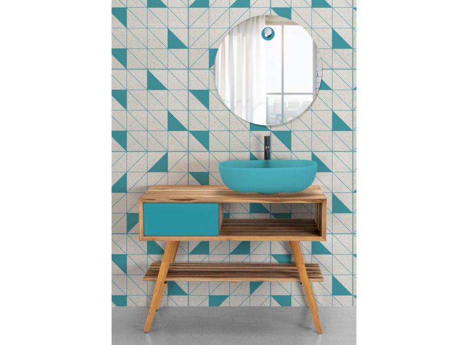 Blå badeværelsessammensætning med teakgulvsskab og tilbehør - Sylviane Viadurini