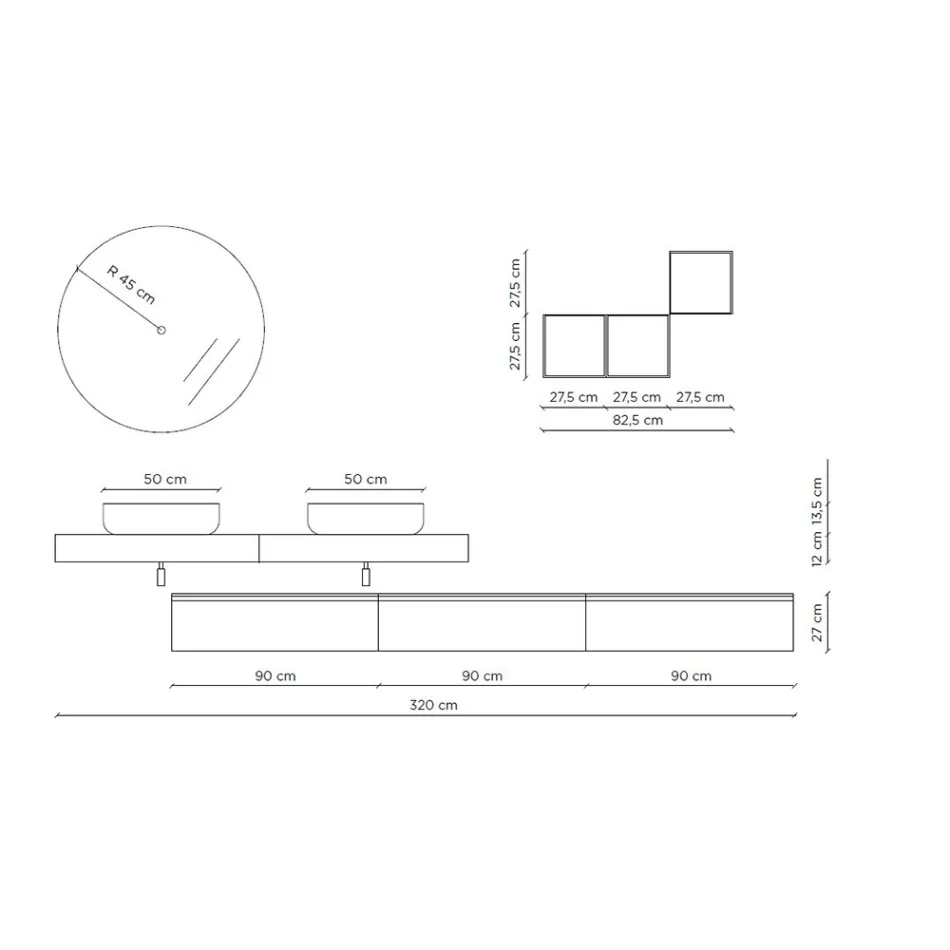 Betonfarve og mat hvid badeværelsessammensætning med håndvask, spejl og fod - Palom Viadurini