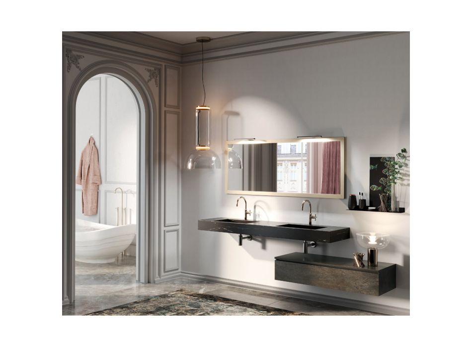 Badeværelsessammensætning komplet med spejl og dobbelt håndvask Made in Italy - Palom Viadurini