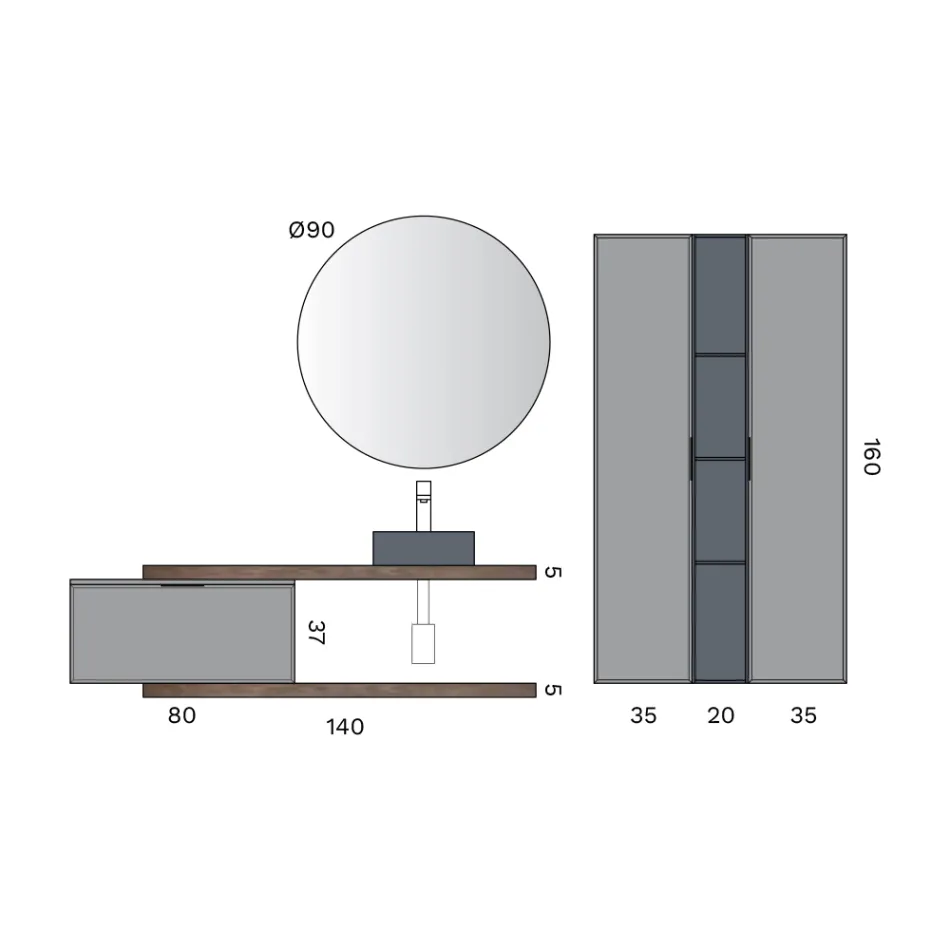 Badeværelseskomposition inklusive 1 bund med 1 skuffe, vask og 2 søjler - Orione Viadurini