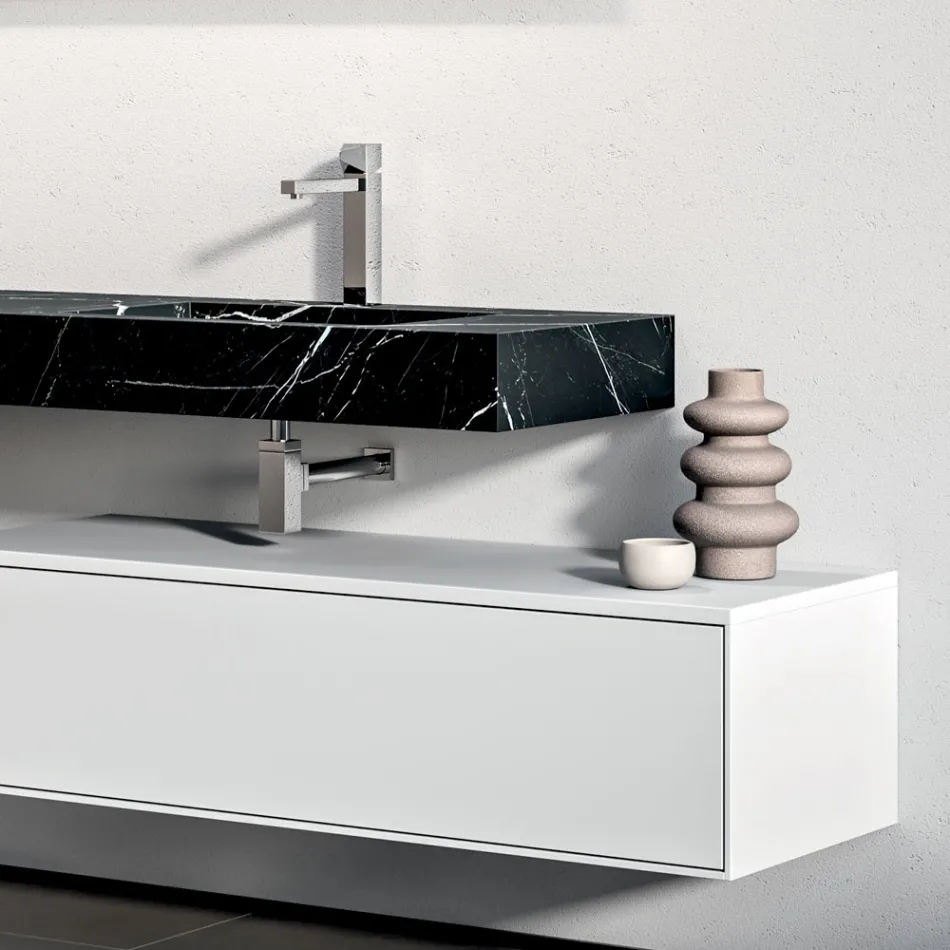 Badeværelseskomposition med 1 hvid skuffe, spejl og Marquina HPL-hylde - Velaria Viadurini