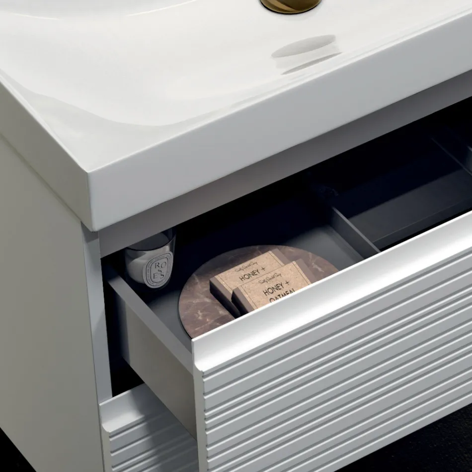 Badeværelseskomposition med 2 mathvide skuffer, vask og spejl - Elios Viadurini