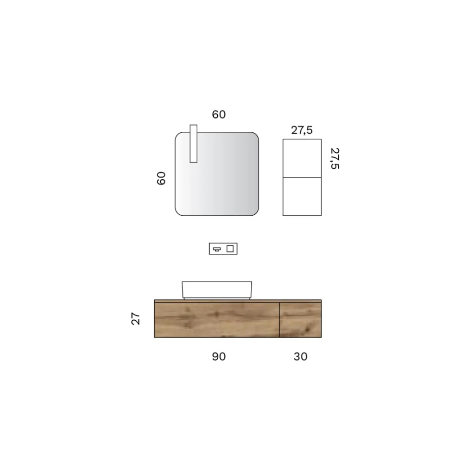 Badeværelseskomposition med 2 skuffer i egetræ, keramisk vask og spejl - Titan Viadurini