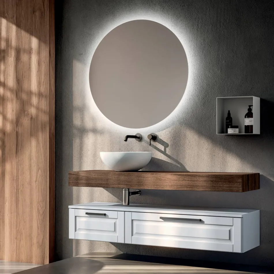 Badeværelseskomposition med 2 skuffer, spejl og hvid harpiksvask - Magnolia Viadurini