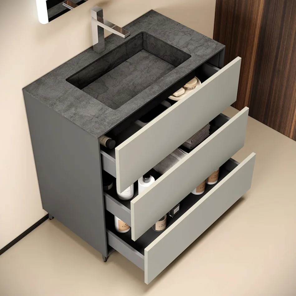 Badeværelseskomposition med 3 matte duegrå skuffer, spejl og vask - Velaria Viadurini