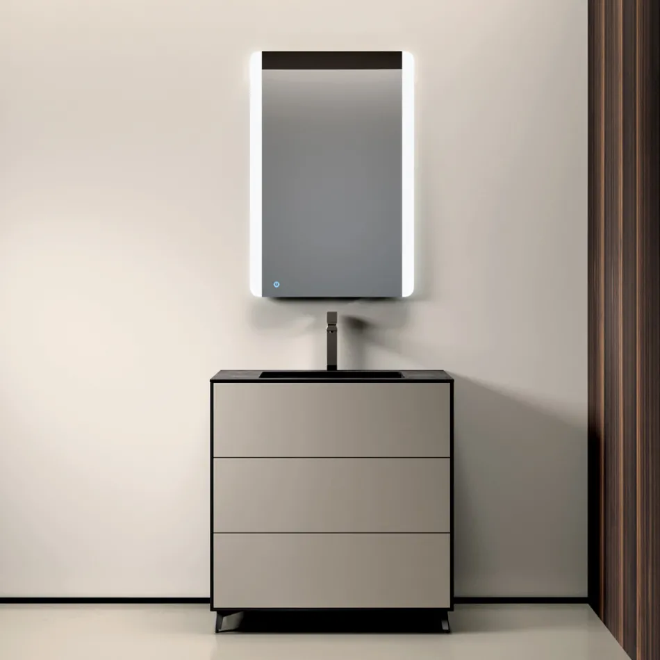 Badeværelseskomposition med 3 matte duegrå skuffer, spejl og vask - Velaria Viadurini