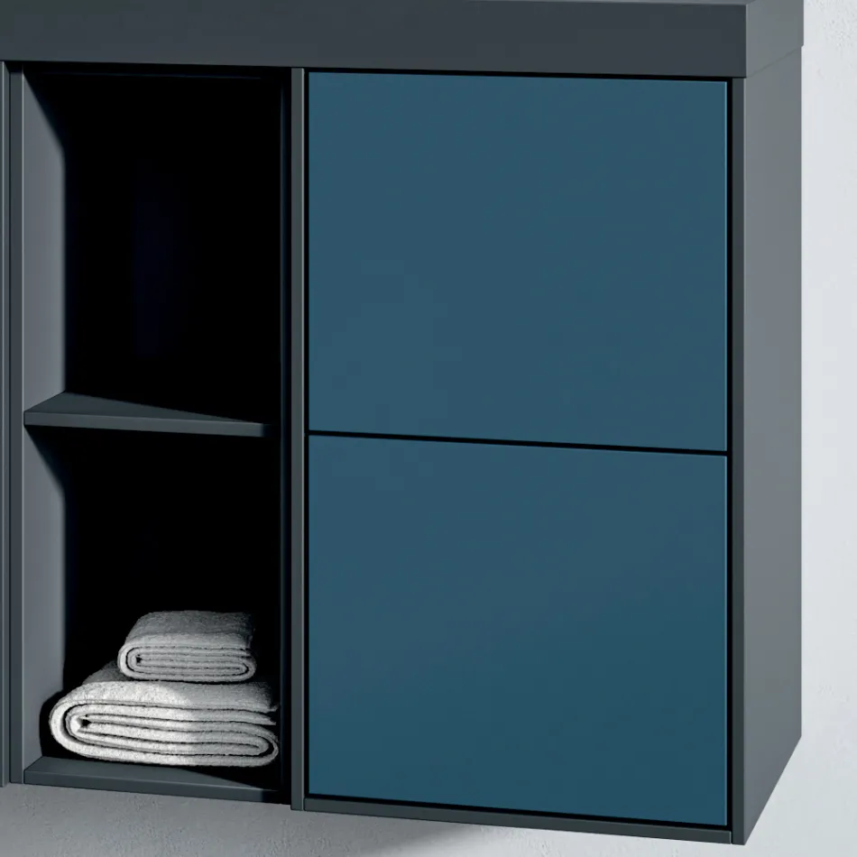 Badeværelseskomposition med 4 Avio blå skuffer, spejl og vask - Velaria Viadurini