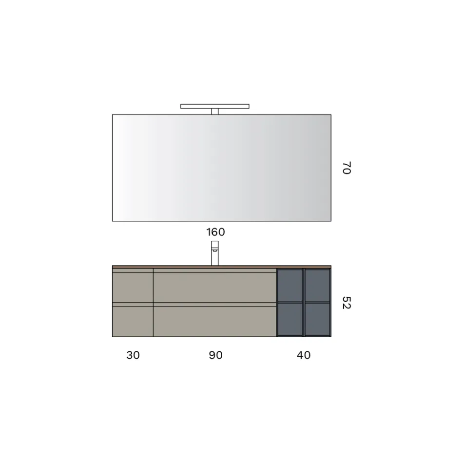 Badeværelseskomposition med 4 skuffer, vask, spejl og åbne hylder - Elios Viadurini