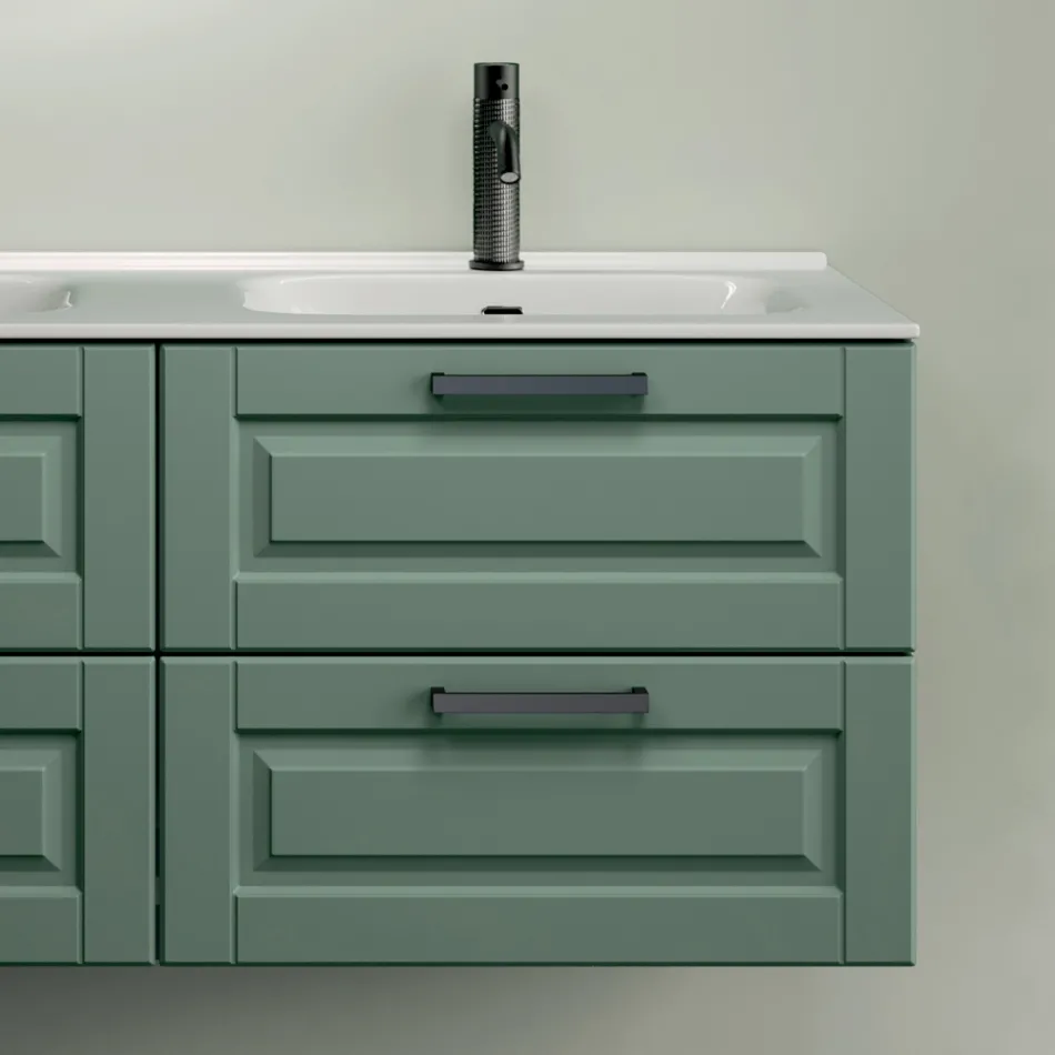 Badeværelseskomposition med 4 salviegrønne skuffer, spejl og håndvaske - Magnolia Viadurini