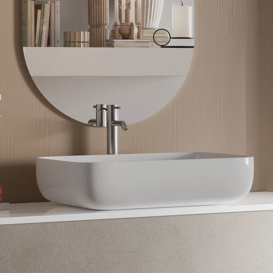 Badeværelsessammensætning med Havana Stone Base, Spejl og Håndvask Made in Italy - Kilos Viadurini