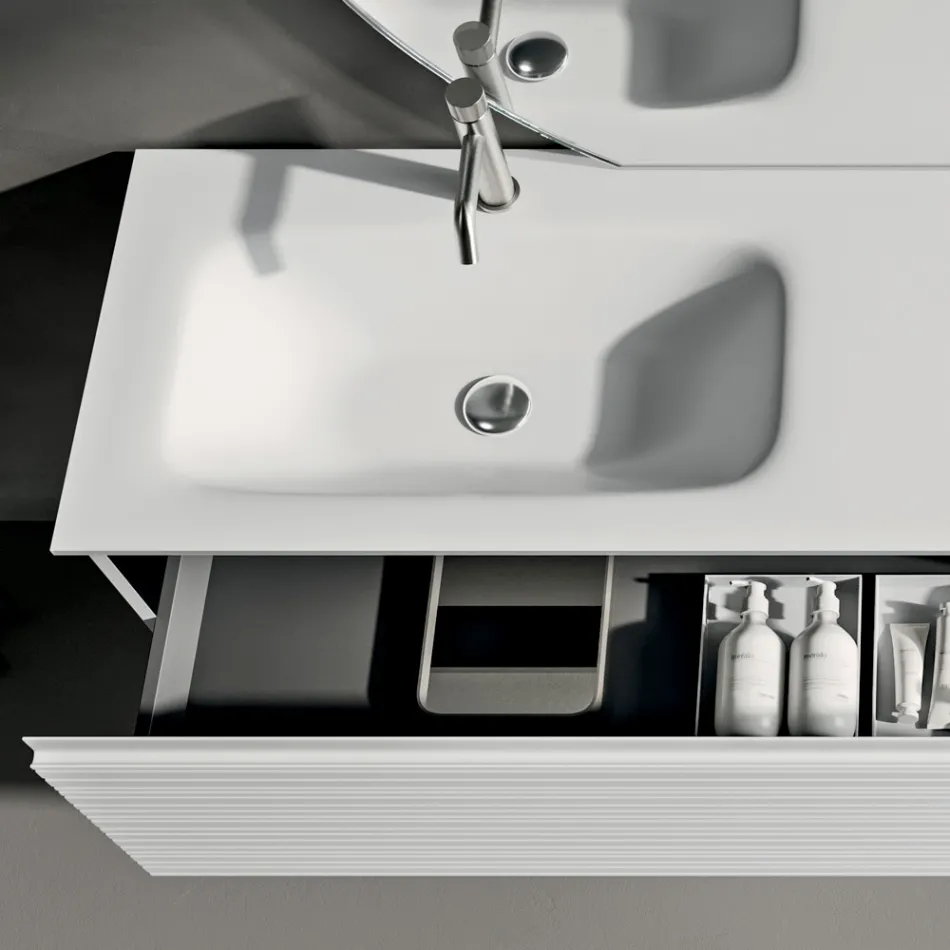 Badeværelseskomposition med skuffer, keramisk vask og LED-spejl - Elios Viadurini