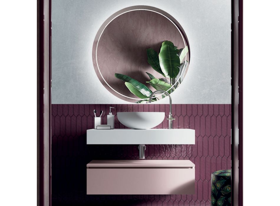 Badeværelsessammensætning med harpikshåndvask og spejl lavet i Italien - Palom Viadurini