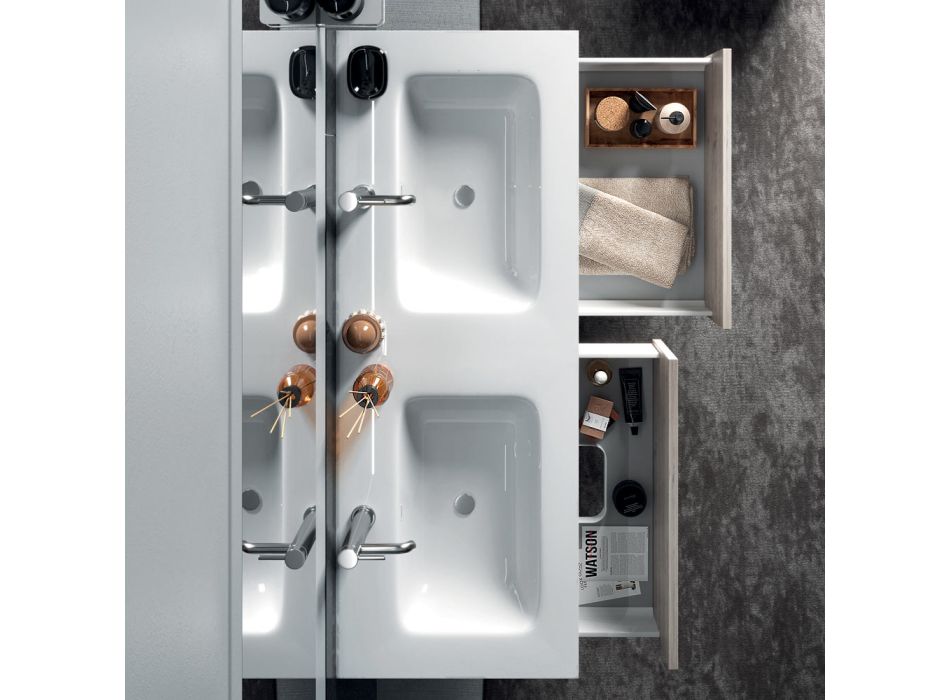 Badeværelsessammensætning med spejl, dobbelt håndvask og bund Made in Italy - Kilos Viadurini