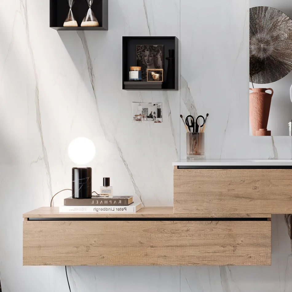 Badeværelsessammensætning med spejl, harpikshåndvask og bund lavet i Italien - Palom Viadurini