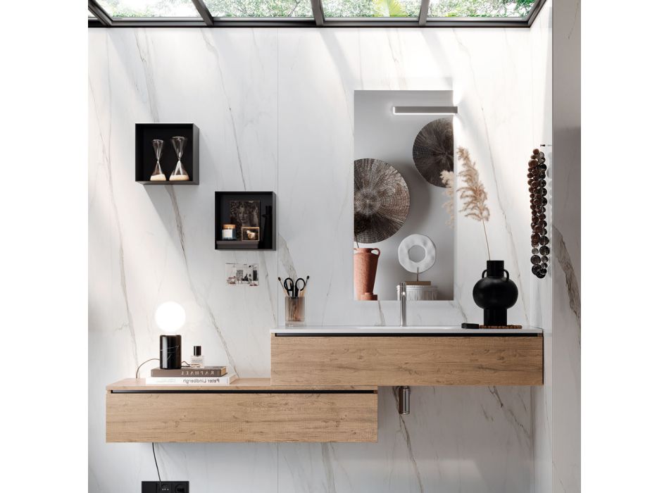 Badeværelsessammensætning med spejl, harpikshåndvask og bund lavet i Italien - Palom Viadurini