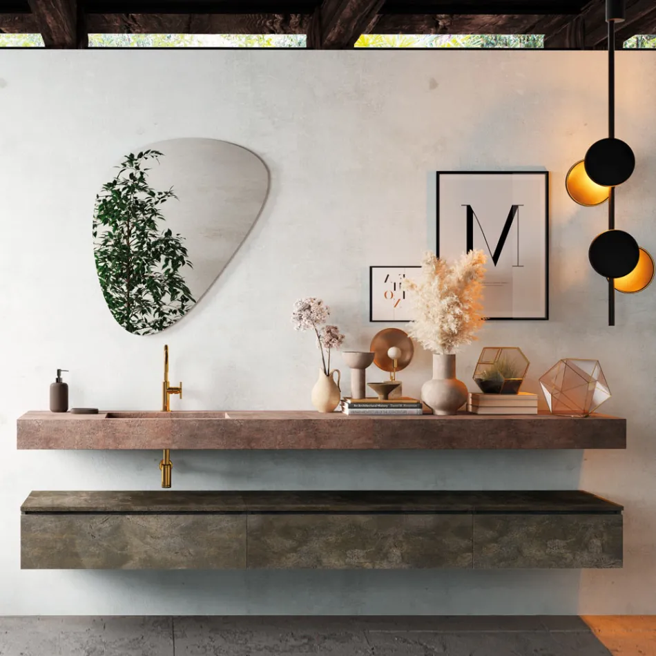 Badeværelsessammensætning med moderne spejl og konsolhåndvask Made in Italy - Palom Viadurini