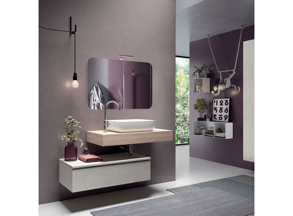 Badeværelsessammensætning med formet spejl og håndvask Lavet i Italien - Palom Viadurini