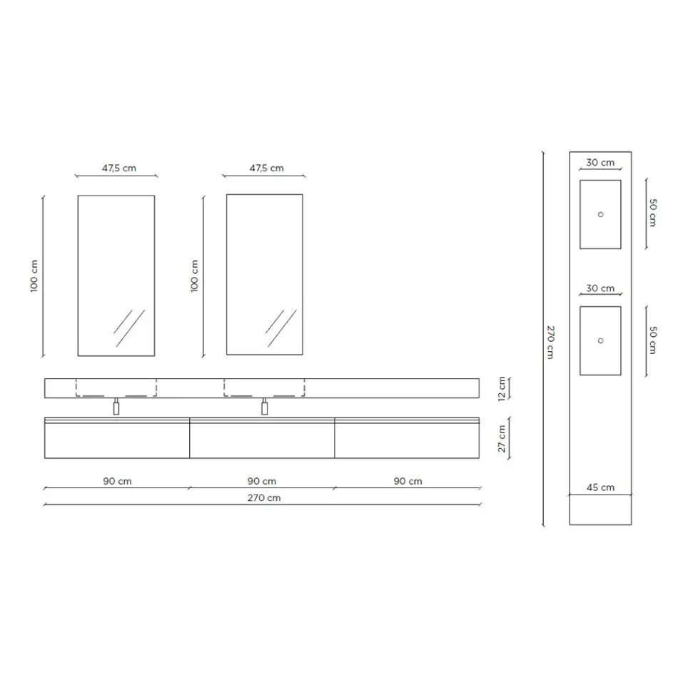 Dobbelt badeværelse med rektangulært spejl og håndvask lavet i Italien - Palom Viadurini