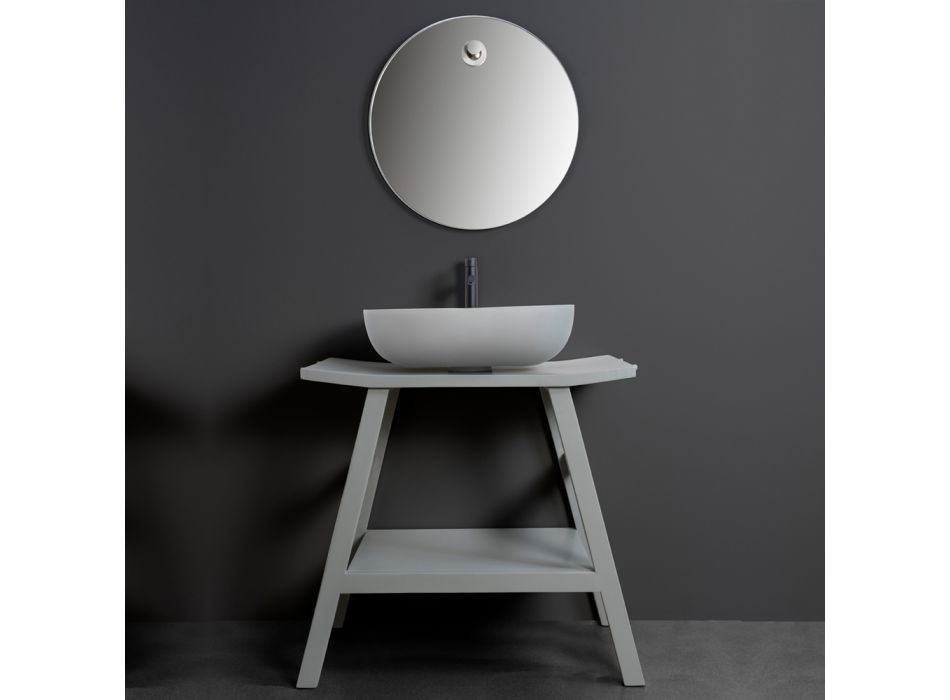 Grå badeværelseskomposition med spejl, teakskab og tilbehør - Patryk