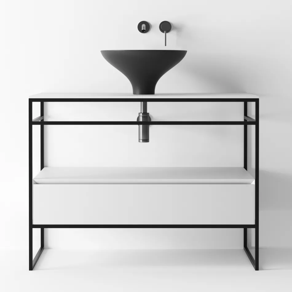 Badeværelsessammensætning Håndvask i keramik og spejl lavet i Italien - Hoscar Viadurini