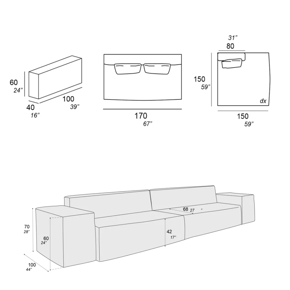 Sammensætning af 1 sofa, 1 armlæn og 1 halvø - bizart Viadurini