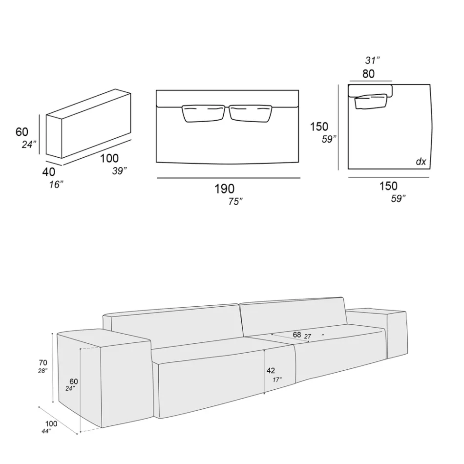 Sammensætning af 1 sofa, 1 armlæn og 1 halvø - bizart Viadurini