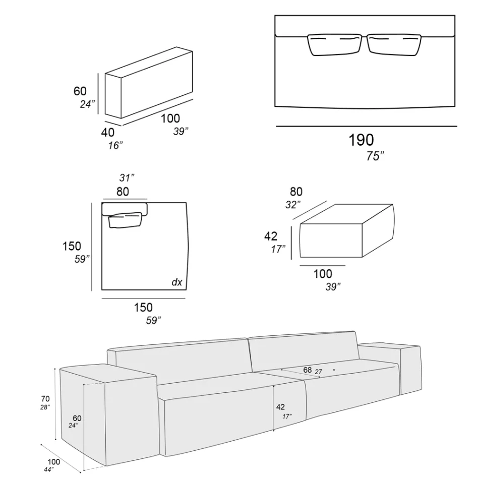 Sammensætning af 1 puf med ryglæn, 1 puf og 1 halvø - bizart Viadurini