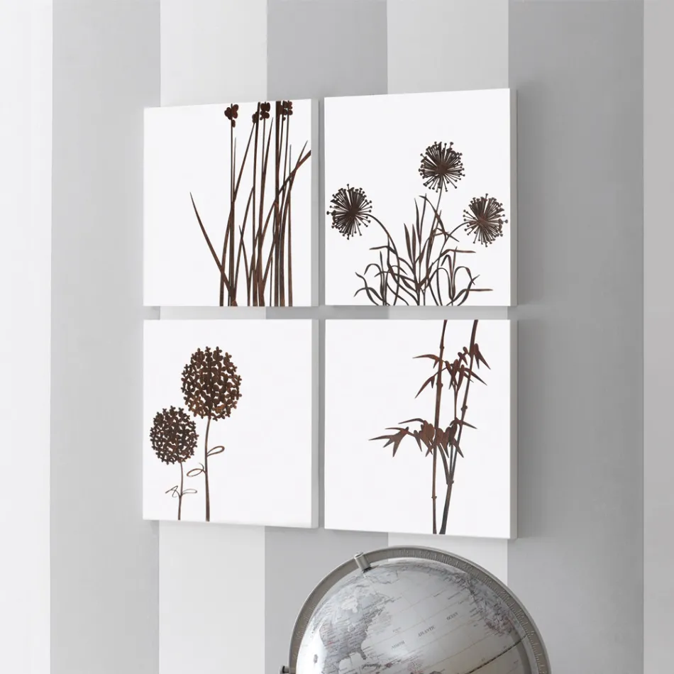 Sammensætning af 4 paneler med hortensiaer, allium og thyfa lavet i Italien - Beregning Viadurini