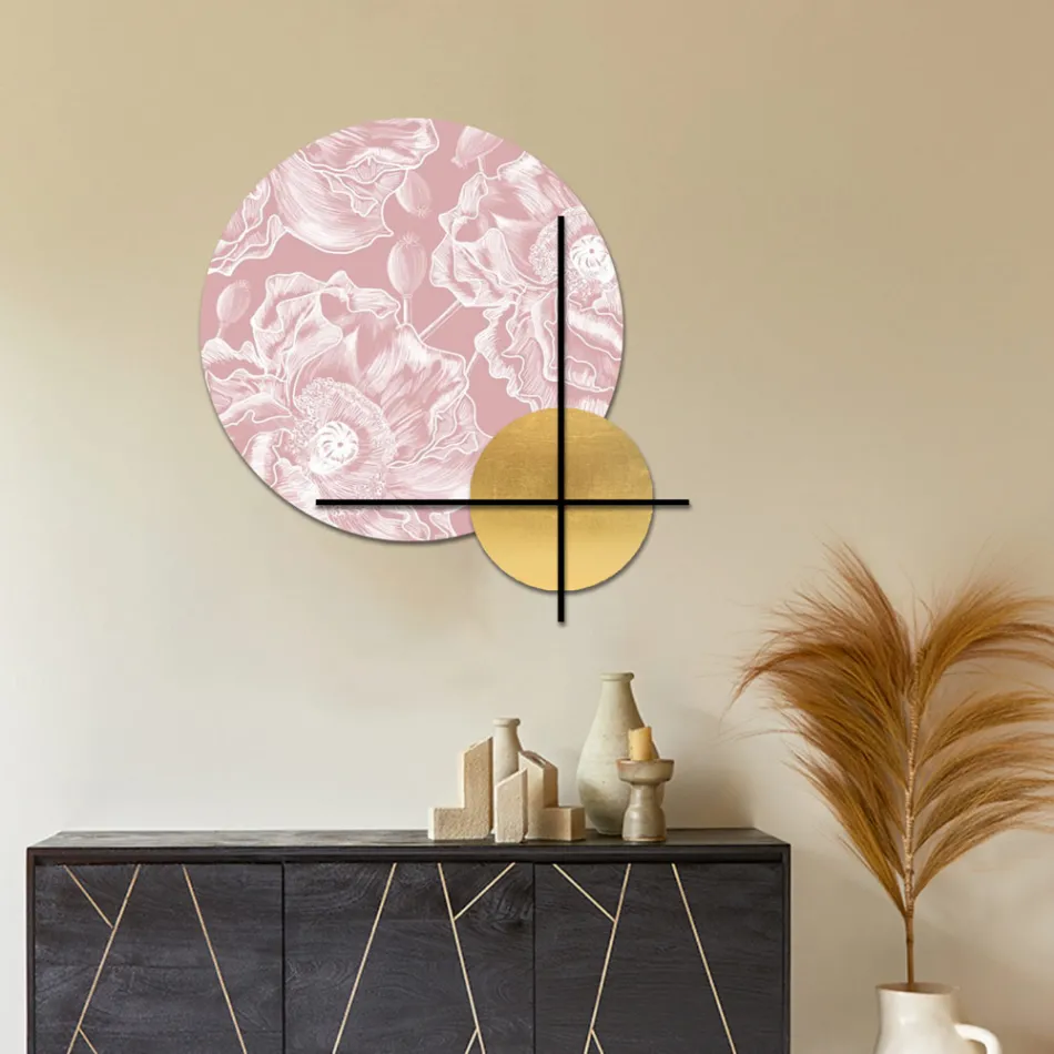 Sammensætning af lyserøde eller grønne træpaneler med hvide blomster lavet i Italien - Fiji Viadurini