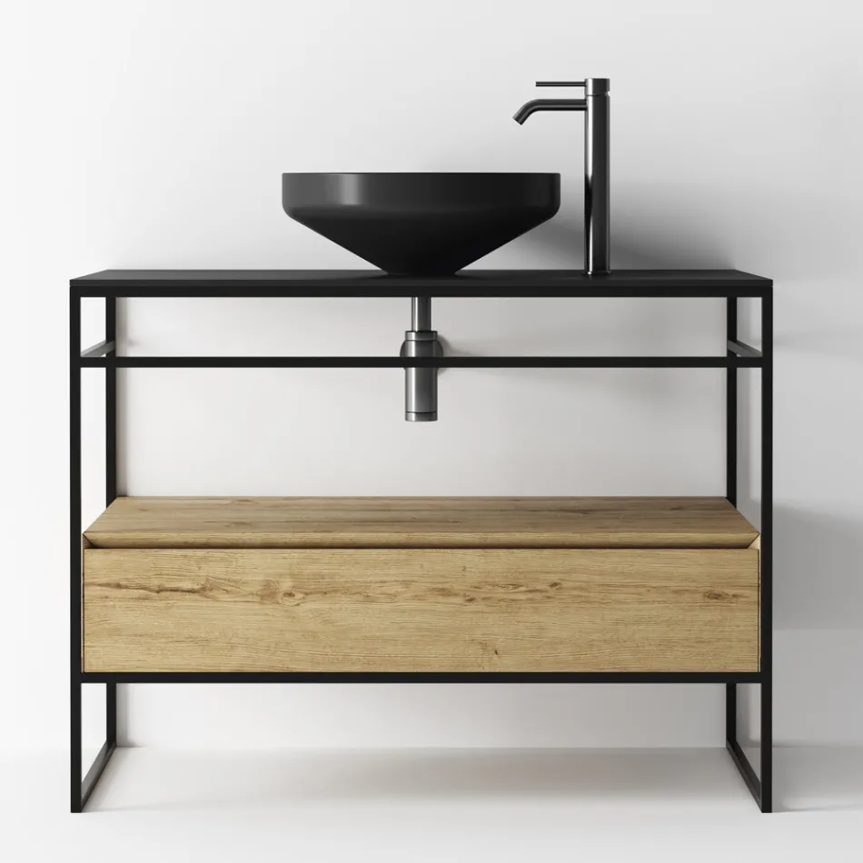 Badeværelsesskabssammensætning med håndvask, bund og spejl Fremstillet i Italien - Hoscar Viadurini