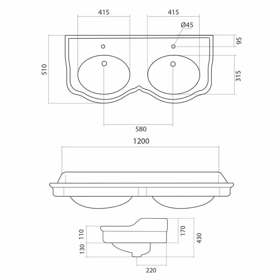 Classic dobbelt skål badeværelse konsol lavet i Italien, Magda Viadurini