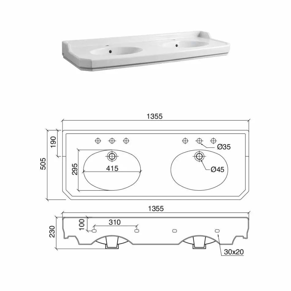 Badeværelseskonsol L 135 cm med dobbelt skål i keramik fremstillet i Italien - Nausica Viadurini
