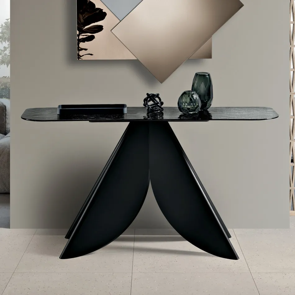 Konsolbord til stue i metal med bagside af forsølvet hamret glasplade - Cristina Viadurini