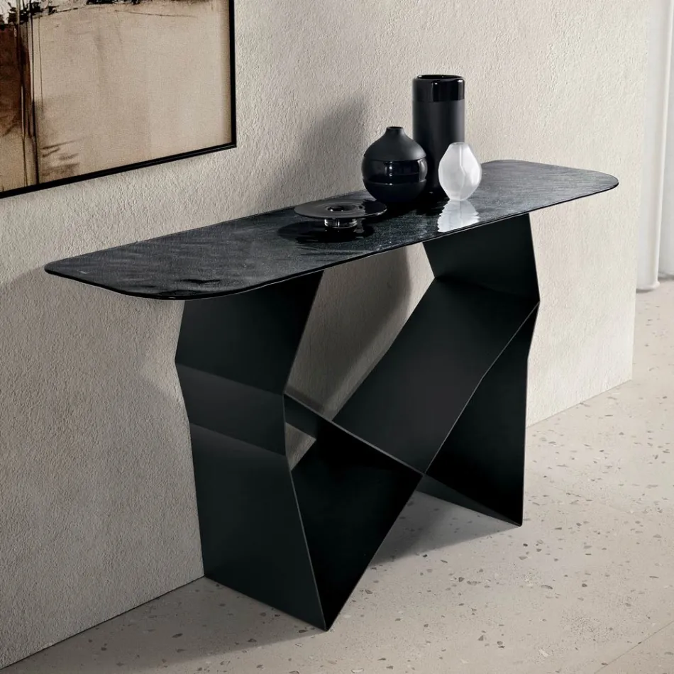 Konsolbord i metal og hamret glasplade med bagside - sølvfinish - Concordia Viadurini