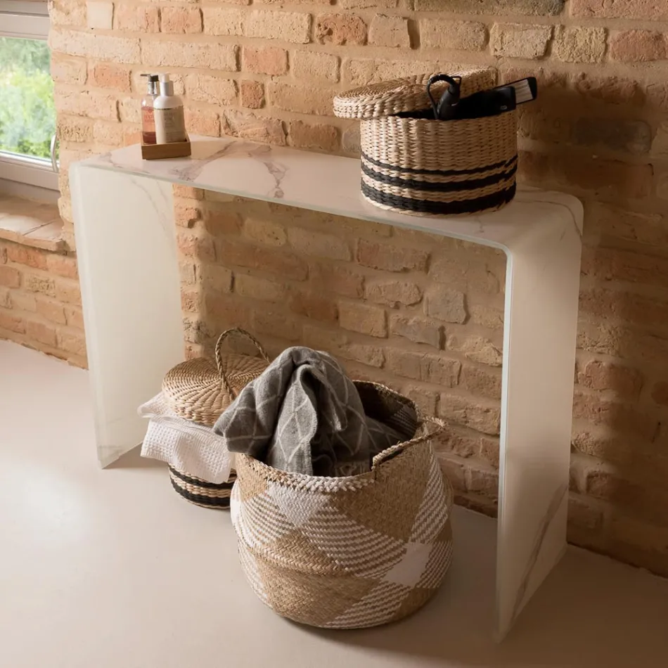 10 mm hærdet buet glaskonsolbord med marmoreffekt - Agordo Viadurini