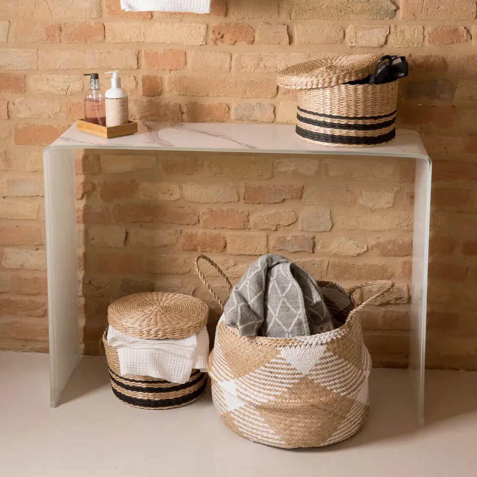 10 mm hærdet buet glaskonsolbord med marmoreffekt - Agordo Viadurini