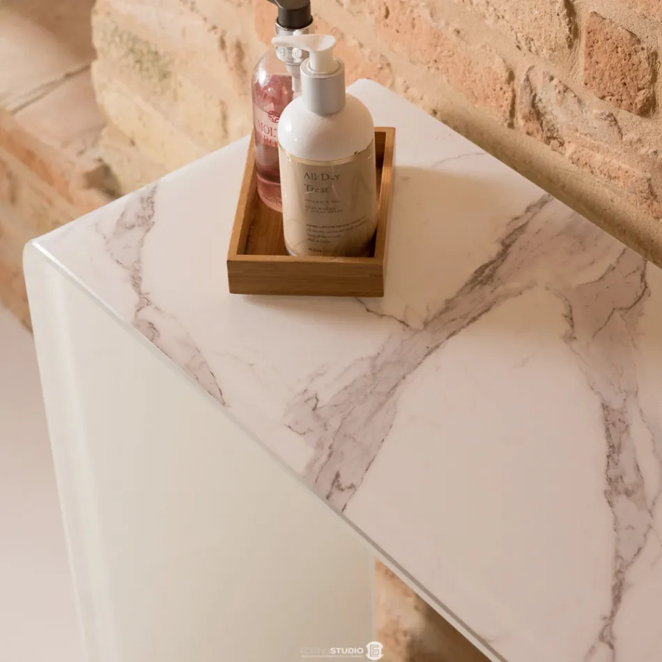 10 mm hærdet buet glaskonsolbord med marmoreffekt - Agordo Viadurini